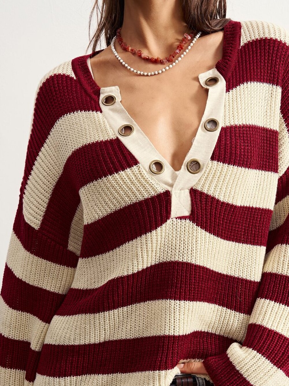 Red Casual Women's Striped Drop Shoulder Long Sleeve Loose Sweater